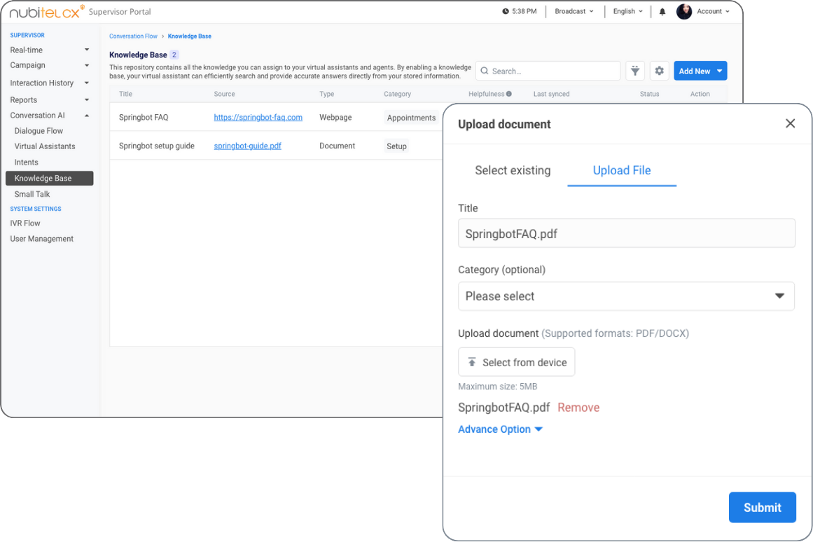 Knowledge Base Management for contact center agents upload business information and internal documents