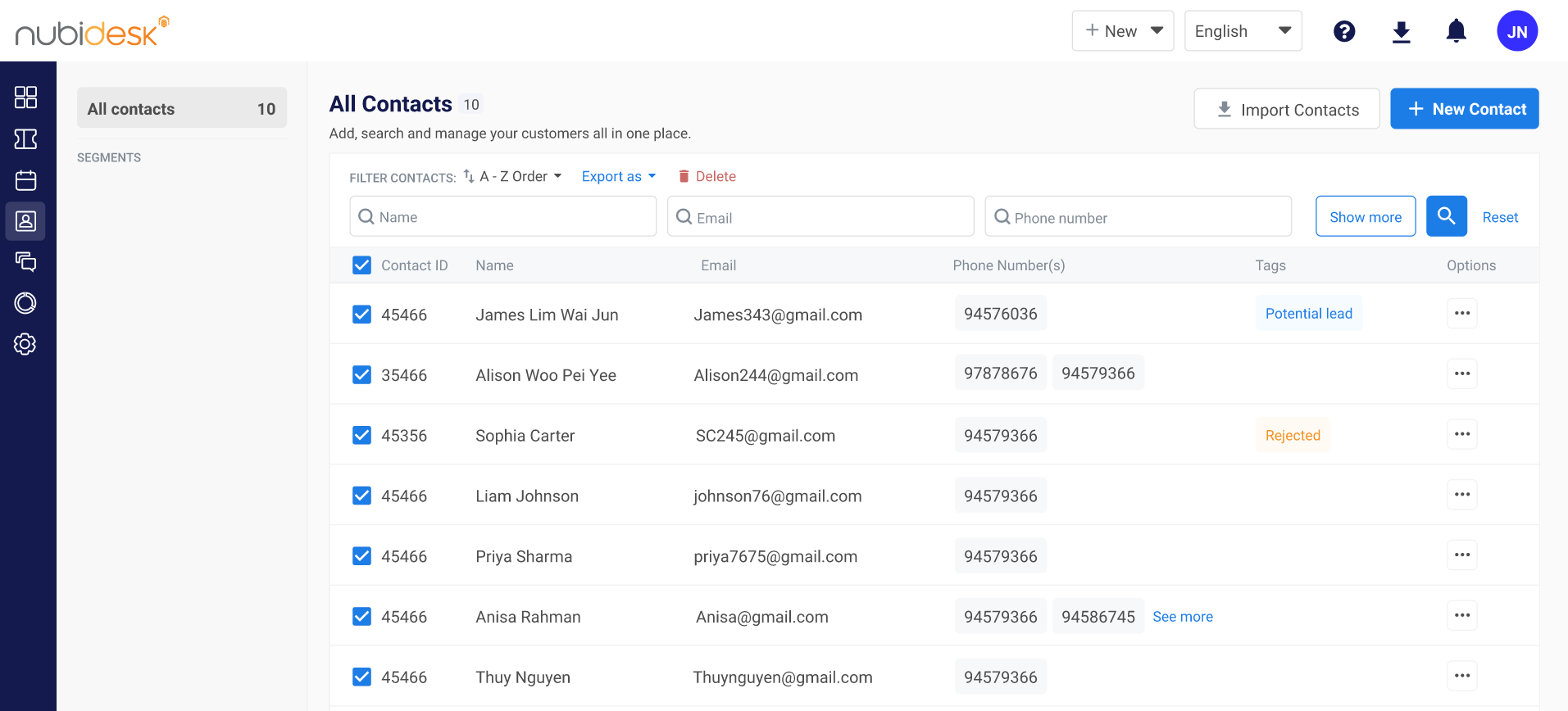 Customer contact list interface in Nubidesk with names, emails, phone numbers, and tags