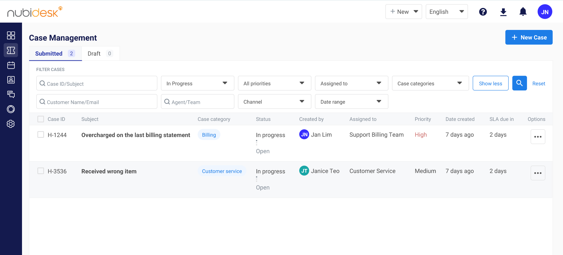 Customer case management dashboard showing submitted cases with filtering options